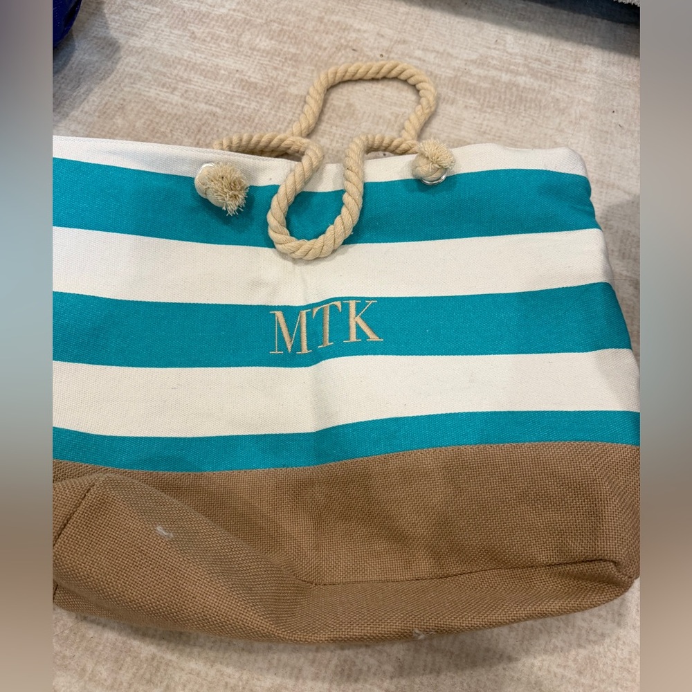Monogrammed Striped Canvas Tote - Teal, White & Brown